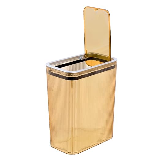 Glad Bathroom Trash Can, 2.6 Gallon (10L) - Slim Plastic Waste Basket with Pop-Up Lid and Bag Ring - Colored Clear Trash Can for Bedroom, Office, College Dorm - Brown