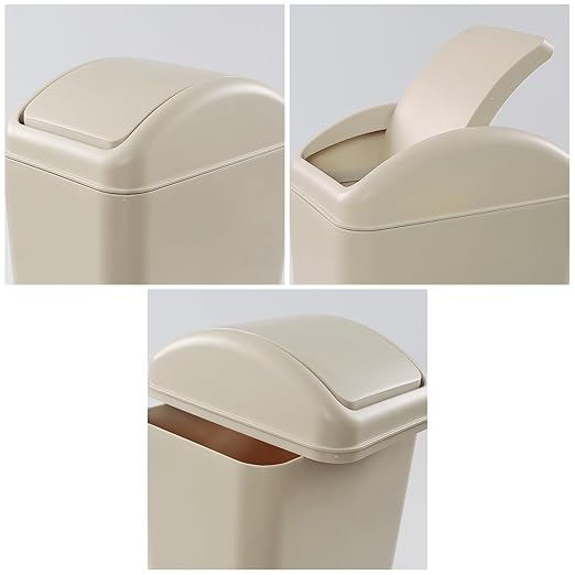 Obstnny 3.2 Gallon Slim Plastic Trash Can for Narrow Spaces, Khaki, 14L | Swing Lid Garbage Can Use at Home or Office