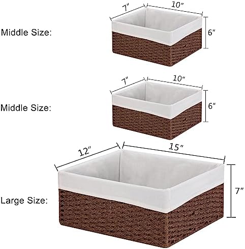 Vagusicc Wicker Basket, Set of 3 Hand-woven Storage Baskets for Organizing, Decorative Rectangle Wicker Storage Basket Bins with Handles, Small Toilet Paper Storage Baskets for Shelves & Decor, Brown