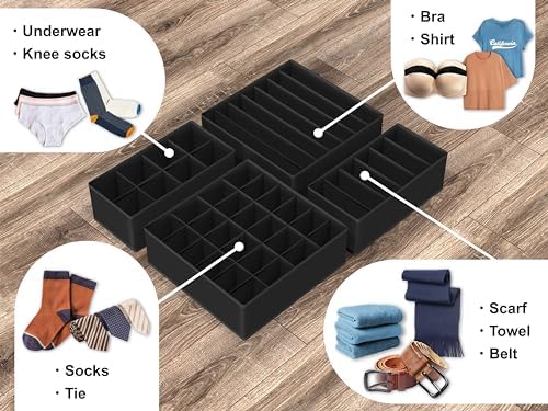 Simple Houseware 4-Pack Drawer Organizer Set for Underwear/Socks/Bra, Black | Closet Dividers for Underwear, Socks, Bras, Scarves, Ties - Foldable Non-Woven Storage Boxes