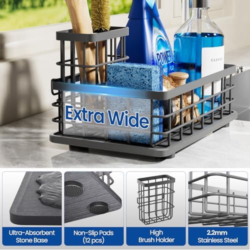 Kitchen Sink Organizer, Large Sink Caddy with Sponge Holder & Diatomite Mat | Cleaning Supplies in One Place, Kitchen Countertop Organizer, Home Essentials, Brush Holder, Quick Dry Tray, Fewer Puddles