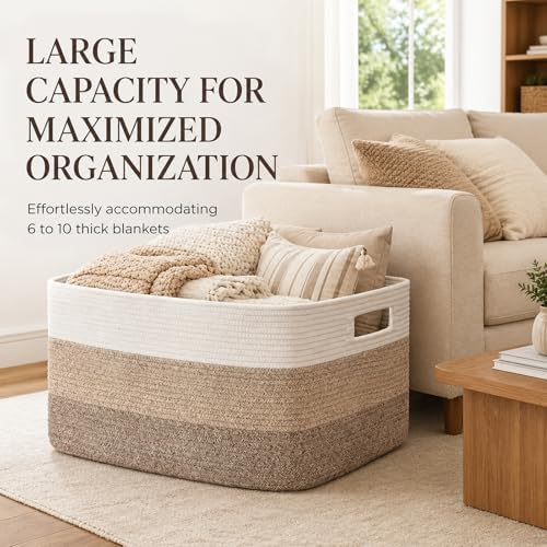 OIAHOMY Large Blanket Basket, 22”x17”x12” Rectangle Woven Baskets, Nursery Blanket Storage Living Room, Toy Storage With Handle, Large Baskets for Organizing-Gradient Yellow (Pack of 2)