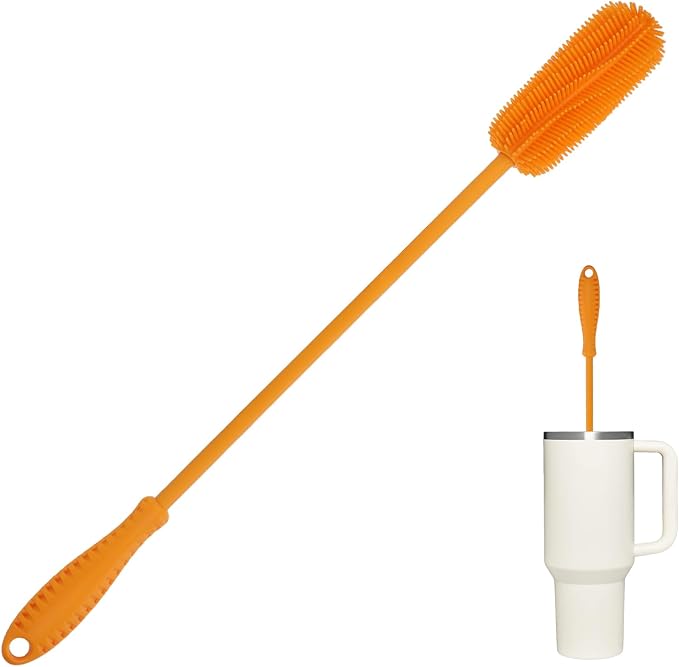 Silicone Bottle Brush, 15.7" Water Bottle Cleaner Brush, Orange | Water Bottle Cleaner for Baby Bottles, Hydro Flask, Sports Bottle, Vase, Glassware, for Smaller Diameter Bottle Openings