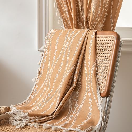 Sutuo Home Boho Curtains 84 Inches Length for Bedroom Living Room, Printed Cotton Linen Rod Pocket Rustic Farmhouse Bohemian Tassels Window Treatment, 1 Panel 59" W x 84" L, Terracotta Stripe Florals