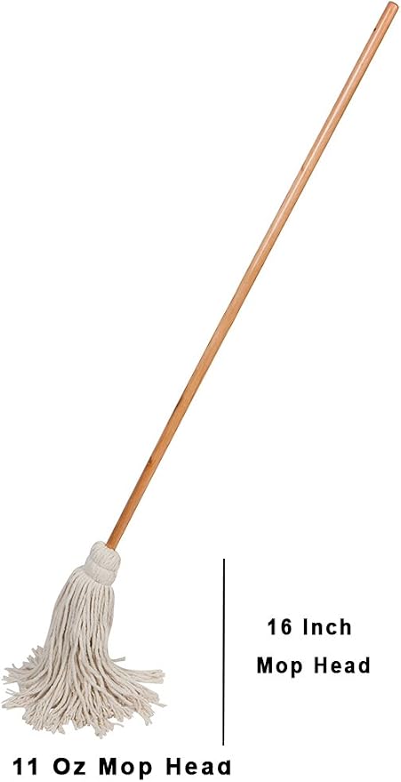 Large Wet Deck Cotton Mop with Solid Wood Handle (11 Oz, White)