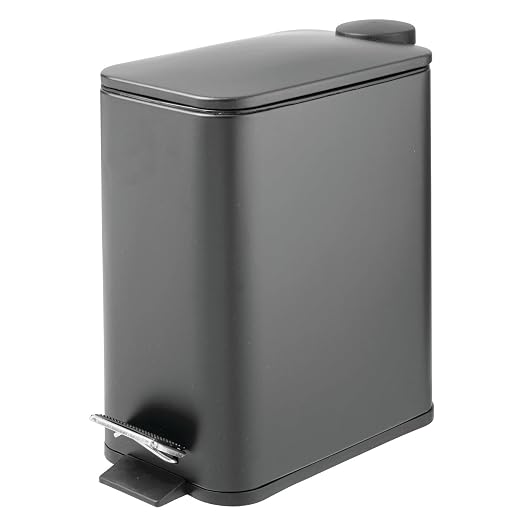 mDesign Rectangular Pedal Bin – 5 L Metal Waste Bin with Pedal, Lid and Plastic Bucket Insert – Household Rubbish Bin for Bathroom, Kitchen and Office – Dark Grey