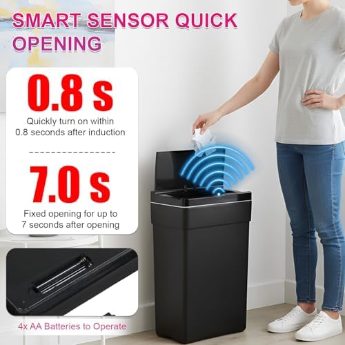 PayLessHere | 13 Gallon Plastic Trash Can with Lid | Black | Automatic Touchless Garbage Can | Waterproof & Easy to Clean | For Kitchen, Bathroom, Home or Office | Pack of 3