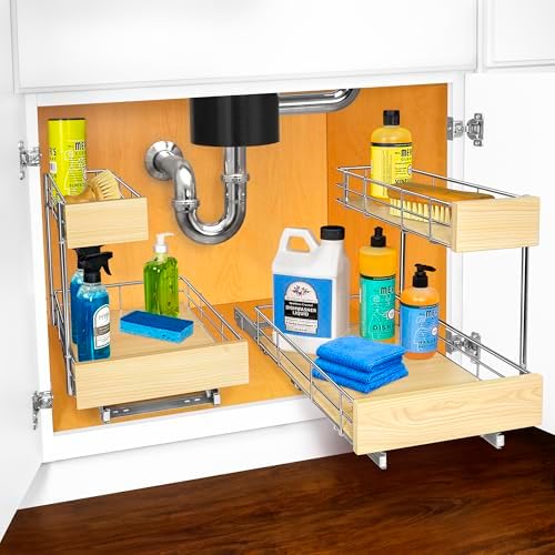 LYNK PROFESSIONAL® SELECT™ Pull Out Under Sink Kitchen Cabinet Organizer - 11.5 in. x 21 inch deep Drawer - Sliding Shelf Organizer and Undersink Storage Shelves - Lifetime Ltd. Warranty – Chrome