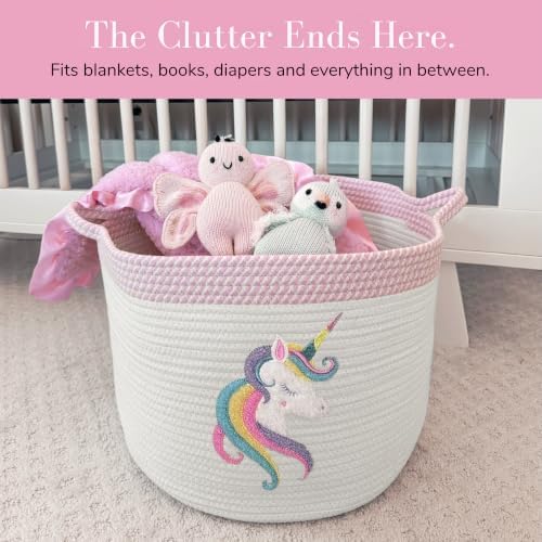 Unicorn Baby Storage Basket, Woven Cotton Rope Nursery Bin, 15x11 in | Stuffed Animal and Blanket Storage, Soft Felt Unicorn Patch, Baby Girl Room Decor, Shower Gift, Kids Playroom Organizer
