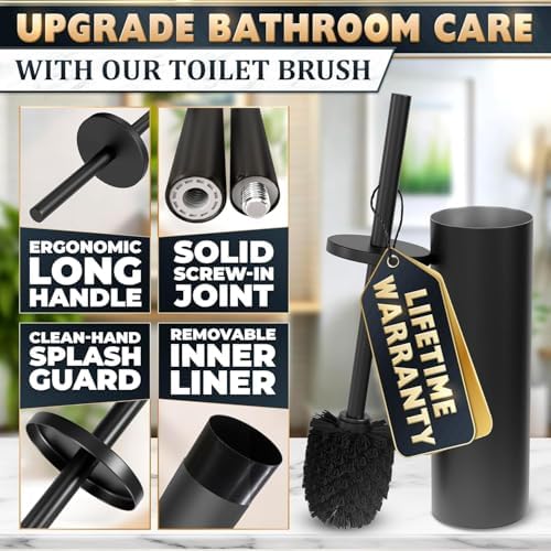 Black Toilet Brush and Holder Set, Freestanding, Splash Protection | Matte Black Toilet Brush with Holder Set for Bathroom, Splash Protection & Dense Bristles, Scratch- & Corrosion-Resistant