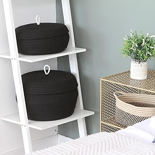Sea Team Round Woven Cotton Rope Storage Basket with Lid, Black | Lidded Knitted Decorative Storage Bin, Pot, Caddy, Organizer, Container for Snacks, Towels, Plants, 13 x 9 Inches