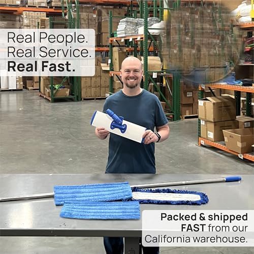 Microfiber Wholesale 24" Professional Microfiber Flat Mop – Wet, Dry & Dust for Hardwood, Vinyl Plank, Laminate & Tile – Commercial Flat Mop System, 64" Stainless Handle, 3 Reusable Pads