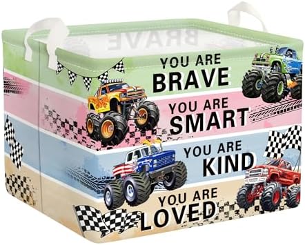 Cars Laundry Hamper Cartoon Vehicle Large Storage Basket Collapsible Parents Organizer Boy Toy Clothes Bins for Bedroom, Bathroom, Monster Truck, 36L