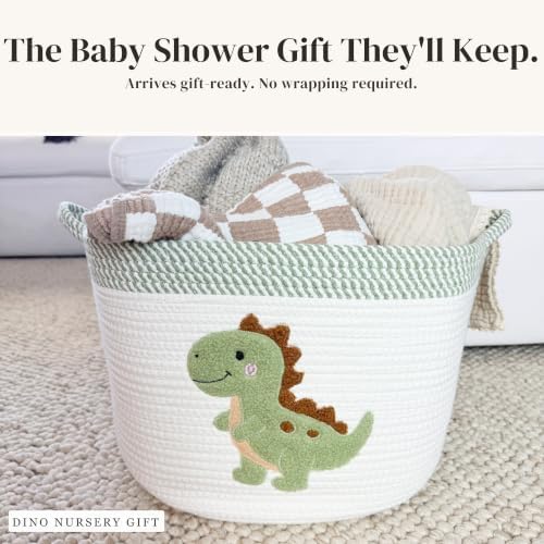 Dinosaur Baby Storage Basket, Woven Cotton Rope Nursery Bin, 15x11 in | Stuffed Animal and Blanket Storage, Soft Felt Dinosaur Patch, Baby Nursery Decor, Baby Shower, Kids Playroom Organizer