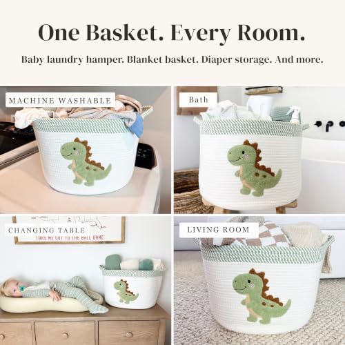 Dinosaur Baby Storage Basket, Woven Cotton Rope Nursery Bin, 15x11 in | Stuffed Animal and Blanket Storage, Soft Felt Dinosaur Patch, Baby Nursery Decor, Baby Shower, Kids Playroom Organizer