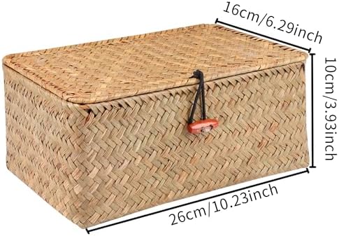 Moosky Wicker Shelf Baskets with Lid,Handwoven Seagrass Basket for Storage Basket Bins Rectangular Home Organizer Gift Boxes (Natural Large)