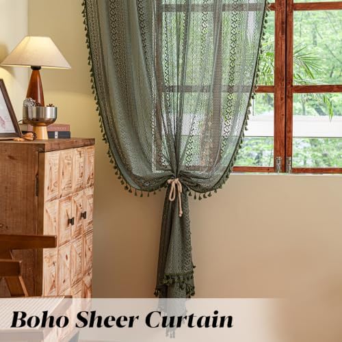 Sutuo Home Boho Curtains for Bedroom Living Room 72 inches Long, Crochet Lace Sheer Bohemian Hollow Knitted with Tassels, Privacy Vintage Farmhouse, Rod Pocket 1 Panel 59" W x 72" L,Olive Green