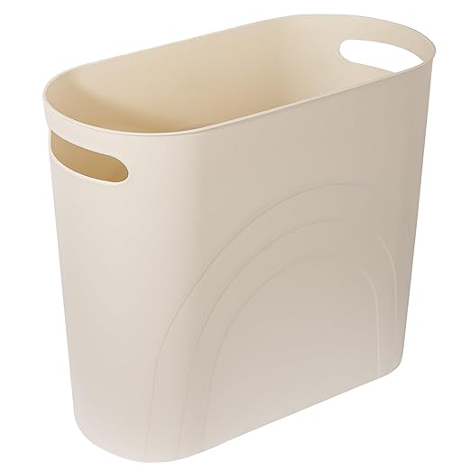 rejomiik Small Bathroom Trash Can, 3.5 Gallon Slim Garbage Can, Cream | Plastic Waste Basket with Handles for Bathroom, Bedroom, Dorm, Kitchen, Office and Narrow Spaces