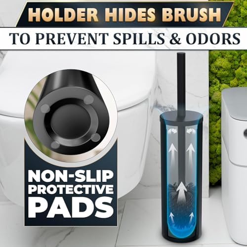 Black Toilet Brush and Holder Set, Freestanding, Splash Protection | Matte Black Toilet Brush with Holder Set for Bathroom, Splash Protection & Dense Bristles, Scratch- & Corrosion-Resistant