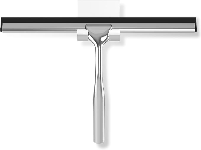Shower Squeegee for Glass Doors, 10 Inch Stainless Steel Bathroom Squeegee with Hooks, Streak-Free Cleaner for Shower Doors, Windows, Mirrors, Tile Walls & Car Windshield