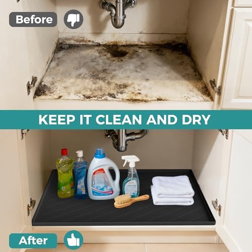 URMONA Under Sink Mat 31 x 22 in, Waterproof Silicone Cabinet Protector | Waterproof, Oil-Resistant, Raised Edge, Cabinet Liner, Shelf Protector, Pet Food Mat, Storage Mat, Easy to Clean, Black