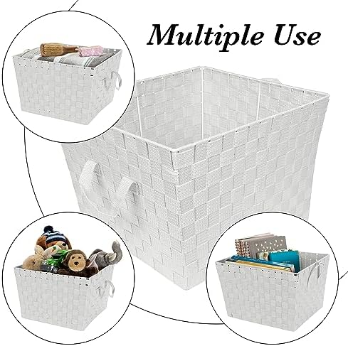Simplify Large Woven Strap Tote | Decorative Storage Basket | 2 Handles | Organization | Closet | Bedroom | Bathroom | Nursery | Accessories | Toys | Gifts | 2 Pack | White