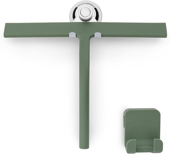 Silicone Shower Squeegee with 3-in-1 No-Drill Mount, Green, 11'' | Squeegee for Glass Doors & Mirrors with Stainless Steel Core, Streak-Free & No-Squeak Window Cleaning, Hook/Suction/Adhesive