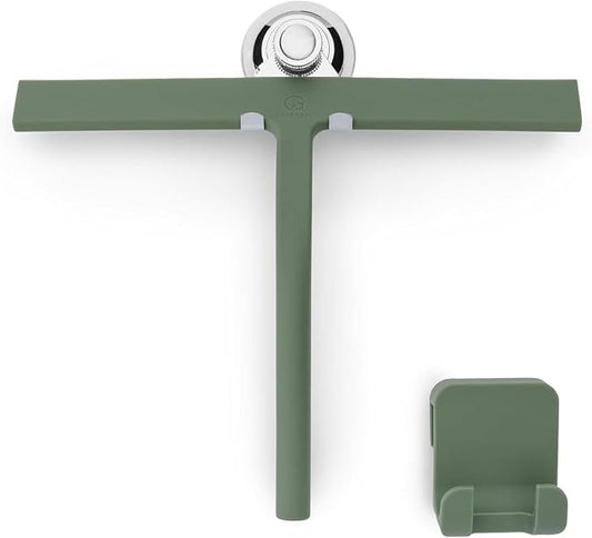 Silicone Shower Squeegee with 3-in-1 No-Drill Mount, Green, 11'' | Squeegee for Glass Doors & Mirrors with Stainless Steel Core, Streak-Free & No-Squeak Window Cleaning, Hook/Suction/Adhesive