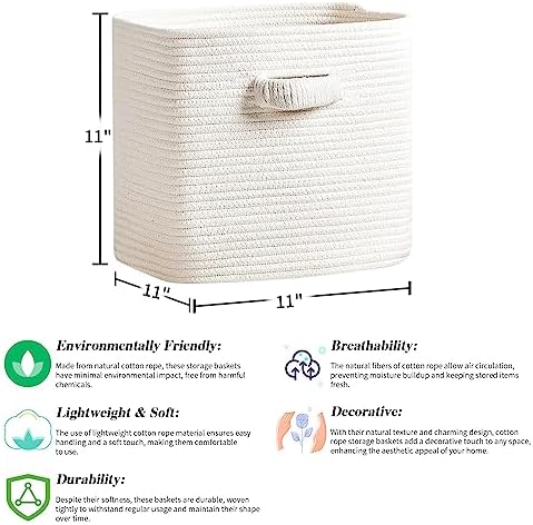 RUNKA Storage Cube Baskets - 3 Pack - 11 inch Square Baskets for Closet, Woven Bins - Ideal for Toy Storage | White
