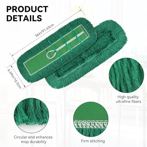 36 Inch Dust Mop Head: Replacement Medium Washable Commercial Mop Head Sweeper and Janitorial Replacement Green (Green - 36 Inch, 3 Pack)