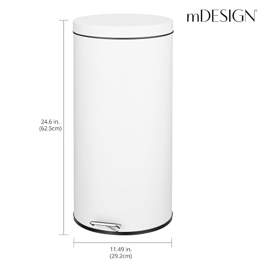 mDesign Tall 30 Liter, Large Round Metal Lidded Step Trash Can, Thin Compact Garbage Bin with Removable Liner Bucket for Bathroom, Kitchen, Craft Room, Office, Garage - White