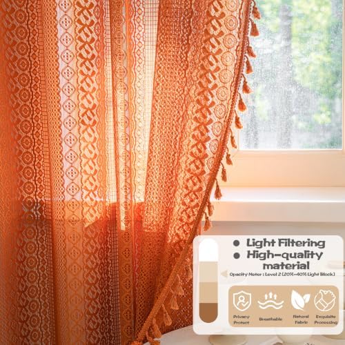 Sutuo Home Burnt Orange Boho Curtains 102 inches Long for Bedroom Dining Room, Crochet Lace Sheer Bohemian Tassels Hollow Knitted,Window Treatment Drapes Fall Decor, Rod Pocket 1 Panel 59" W x 102" L