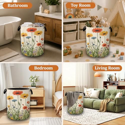 Daisy Wildflowers Large Laundry Basket, Foldable Laundry Hamper with Waterproof Coating and Reinforced Handles, Clothes Storage Bin for Dorm Bedroom