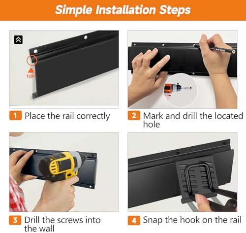 Garage Tool Organizer Wall Mount, Heavy Duty 48 Inch Garage Storage System with Adjustable Hooks, Garden Tool Rack for Shovel Rake Broom Snowboard Shed Organization