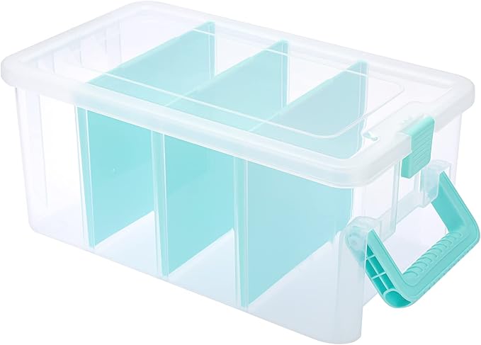 BTSKY Clear Plastic Dividing Storage Box with 4 Deep Compartment Sewing Box | 13.9x7.9x6.2 Inches Adjustable Storage Bin with Lid Portable Craft Storage Container Multipurpose Art Supply Organizer Blue