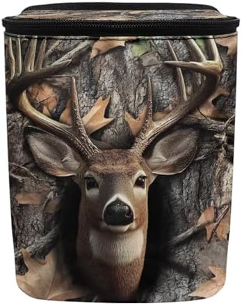 Hunting Deer Forest Camo Print Car Trash Can with Lid and Zipper Portable Foldable Garbage Can Hanging for Headrest Leakproof Organizer and Storage Bag Car Accessories