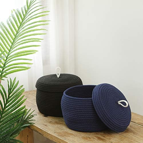 Sea Team Round Woven Cotton Rope Storage Basket with Lid, Navy | Lidded Knitted Decorative Storage Bin, Pot, Caddy, Organizer, Container for Snacks, Towels, Plants, 10 x 7.5 Inches