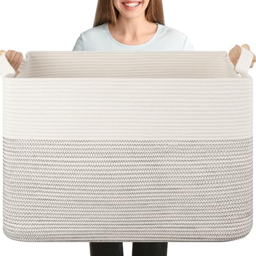OIASKET 108L Cotton Rope Storage Basket for Living Room and Bedroom 25"x16"x16" Woven Laundry Basket, Heavy Duty Bin for Blankets, Pillows & Toys, Pet-Safe & Scratch-Free, Black and White