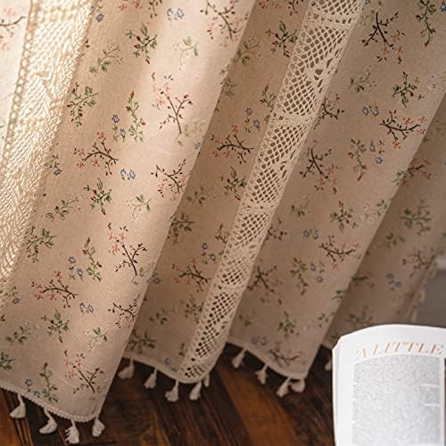Sutuo Home Boho Curtain Semi-Blackout Crochet Hollow Lace Patchwork with Floral Print Cotton Linen Fabric, Handmade Tassels Rod Pocket Bohemian Window Drapes for Living Bedroom, 59"W x 84"L, 1 Panel