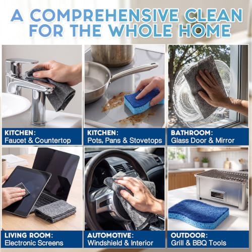 Sawysine 6 Pack Microfiber Cloths with 4 Sponges, Wood Pulp, Gray & Blue | Thickened 11.8x15.7 Inch Towels, Lint Free Streak Free, Heavy Duty for Kitchen Glass Car, Reusable Absorbent