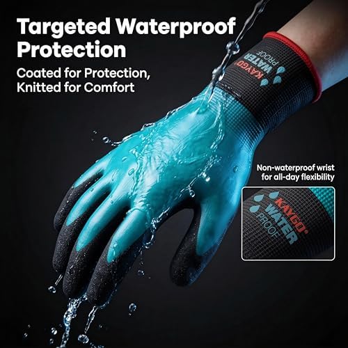 KAYGO Waterproof Work Gloves, Non-Slip Double Latex Coated, KG150 | Lightweight & Durable, Excellent Grip for Gardening, Construction, Fishing & Cleaning, for Men & Women