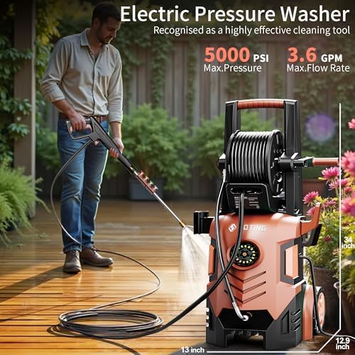 2026Upgraded Pressure Washer 5000PSI with Adj-8-Level Touch Screen, 34" Tall Power Washer, 4 Quick Connect Nozzles, Inlet Hose&Filter&500mlFoam Cannon for Cars/Fences/Driveways/Home Cleaning，Red