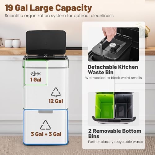 Goplus 19 Gal Motion Sensor Trash Can, 72 L Volume in 4 Containers, Touchless Trash Bin w/Kitchen Waste Bin & 2 Bottom Recycling Bins, Stainless Steel Garbage Can w/Soft Close Lid, Battery Operated