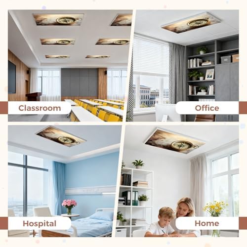 6 Pack Fluorescent Light Covers for Ceiling Lights Magnetic Old Compass World map Travel Geography Navigation Tourism Decorative Magnetic Light Cover Light Filters for Classroom Office Home