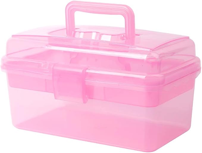 Multipurpose Plastic Storage Container Organizer Box Case with Removable Tray and Handle for Art, Craft, Sewing Supplies, Clear&Pink