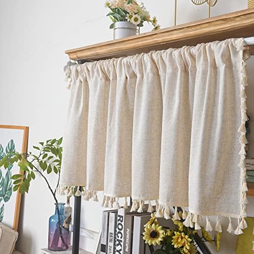 Sutuo Home Boho Sheer Curtain Valance Tier Cotton Linen with Bohemian Handmade Tassels, Short French Farmhouse Window Treatment for Kitchen Cafe, Rod Pocket, 1 Panel 59" W x 24" L, Natural Textured