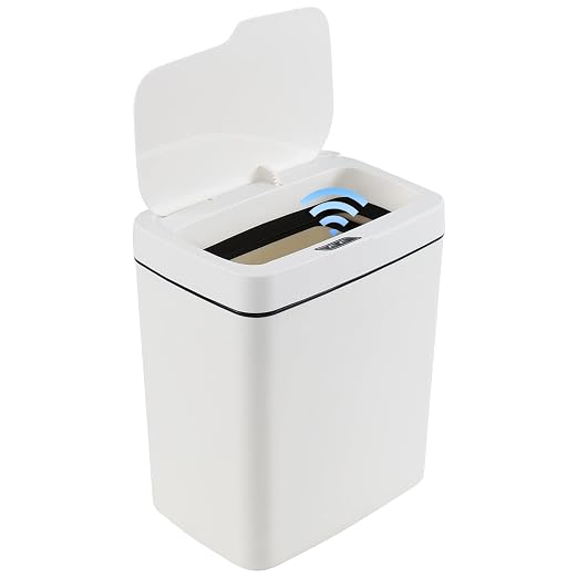 4 Gallon Plastic Automatic Bathroom Trash Can with Lid, 15 L, White | Touchless Motion Sensor Trash Can for Kitchen Bedroom Office