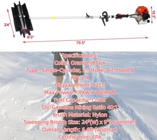 Gas Powered Sweeper Brush Broom, Cordless Hand Held Walk Behind Power Shovel Snow Cleaner for Driveway Lawn Garden, 52CC 2-Stroke, 2.4HP (24x9 EPA)