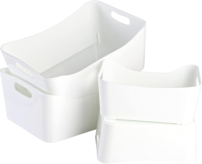 Peohud 4 Pack White Plastic Storage Bins, Pantry Organizer Bin with Handles, Open Storage Organizing Bins for Classroom, Office, Shelves, Cabinet Collection Container Bin, Under Sink Organizer