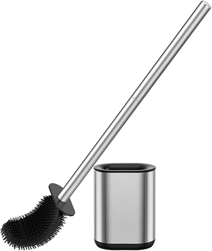 Sineng Silicone Toilet Brush, Stainless Steel Toilet Bowl Cleaner Brush | Long Handle and Flexible Bristles, Compact Toilet Bowl Brush with Weighted Base for Modern Bathroom RV Dorms